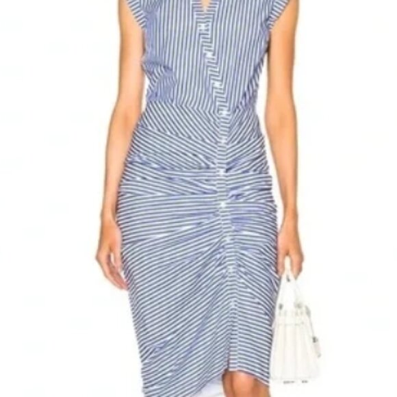 NWOT Veronica Beard Ruched Shirt Dress in Blue & White Stripe XS $450 - Picture 1 of 13